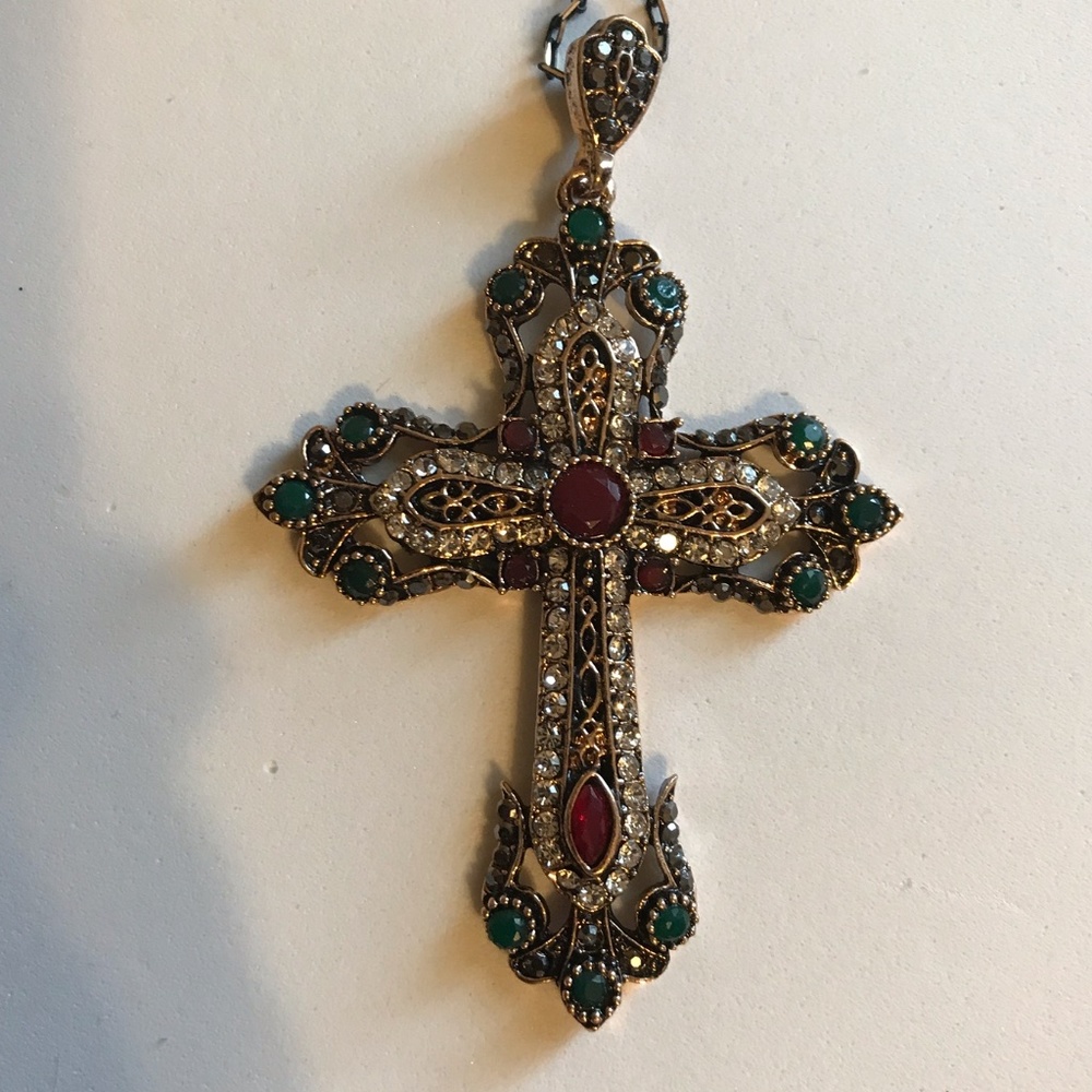 One Blessed Nana Gold Cross Pendant with Red and Green Accents